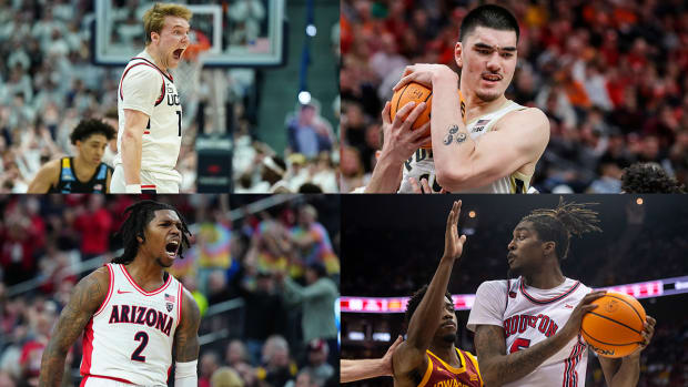 Clockwise from top left: UConn guard Cam Spencer, Purdue center Zach Edey, Houston forward Ja’Vier Francis and Arizona guard Caleb Love